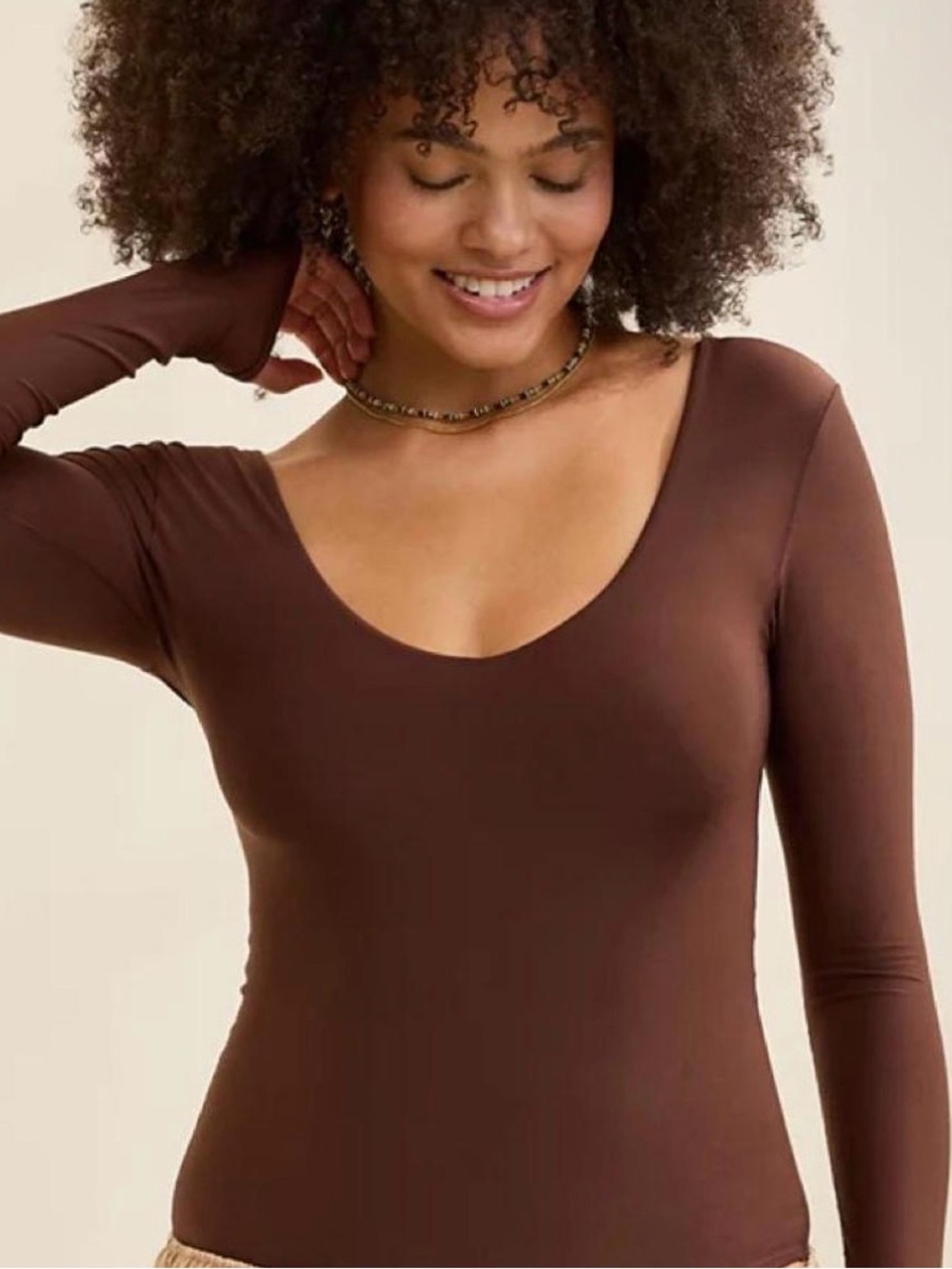 aerie Scoop Neck Long Sleeve Bodysuit - Brown